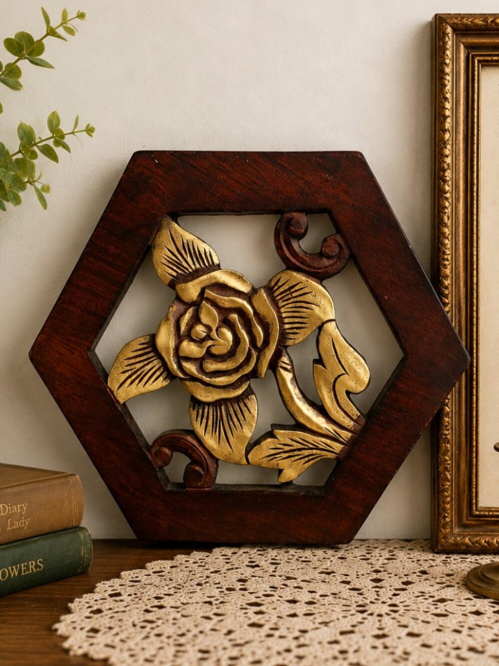 Vintage Hand Carved Wooden Rose Wall Plaque Hexagon Floral Folk Art Decor 11.5"